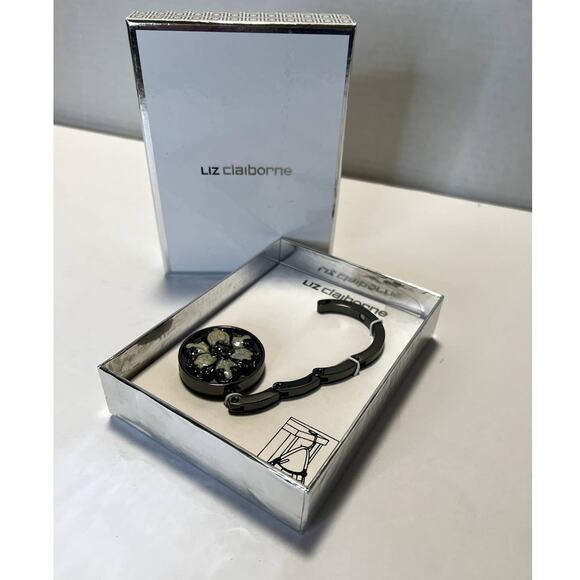 Liz Claiborne Handbag Holder Hook Silver Tone Floral Flower Rhinestone NWT - Picture 2 of 6